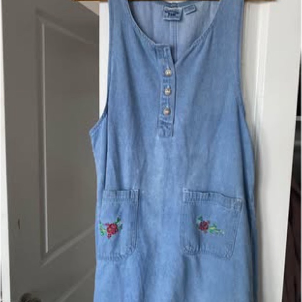 Blue Denim Dress with Floral Embroidery